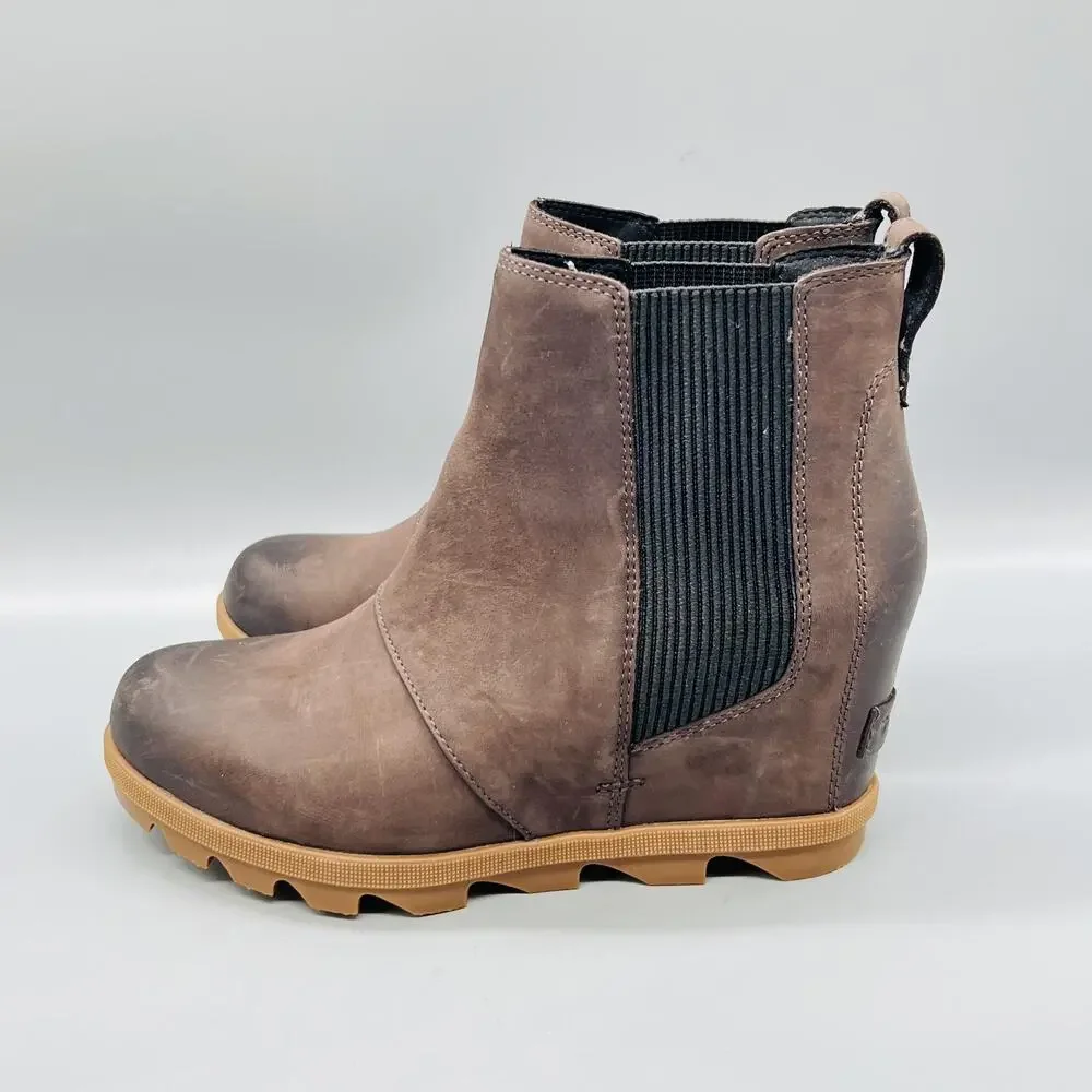 Sorel Boots Womens 8 Brown Nubuck Chelsea Ankle Wedge Pull On Lug Sole Shoes